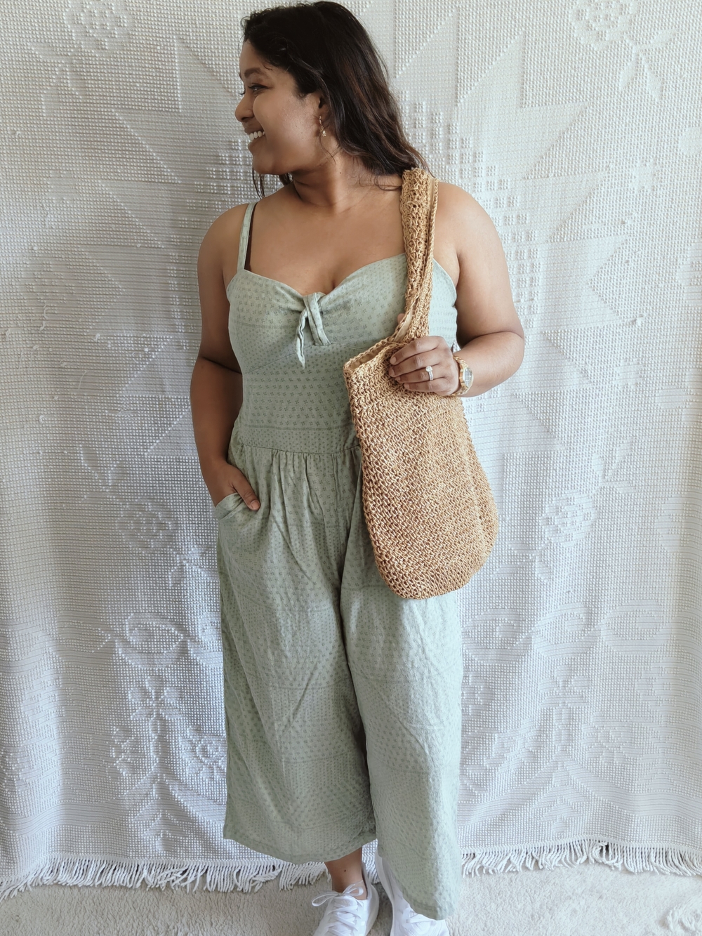 Disney Parks Moana Sage Green Dotted Sweetheart Cropped Wide Leg Jumpsuit | XL